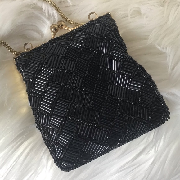 Black beaded Ladies Essentials mini purse with kiss closure and gold color chain - Picture 1 of 9